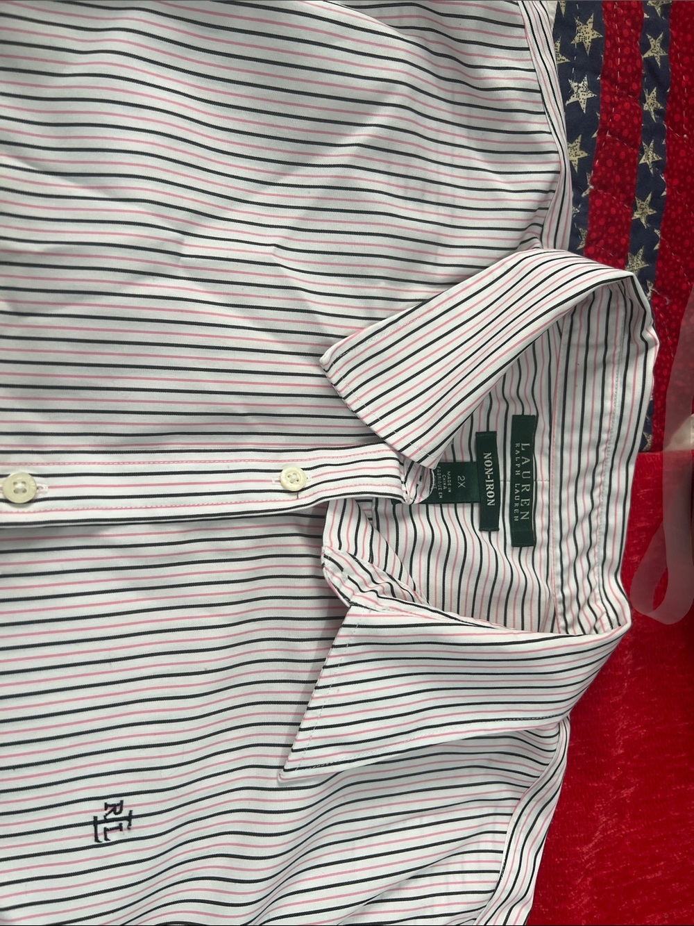Ralph Lauren Woman’s 2X Striped Dress Shirt - White with Navy & Pink Stripes - Picture 3 of 3